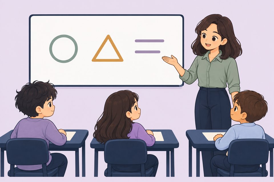 Ilustración de una profesora explicando en la pizarra a tres estudiantes