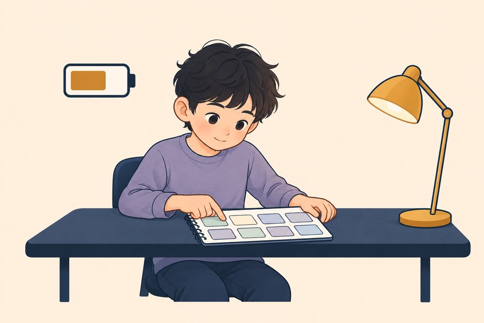 Ilustración de un estudiante organizando su semana en el planner junto a una lámpara