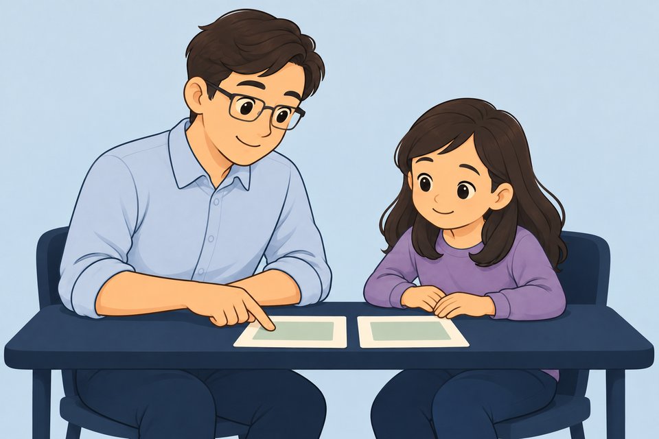 Ilustración de un terapeuta mostrando tarjetas a una niña en la mesa
