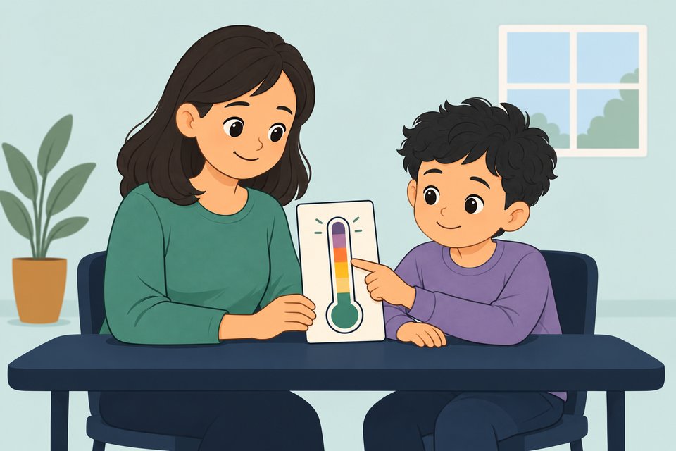 Ilustración de una madre y su hijo usando el termómetro de las emociones
